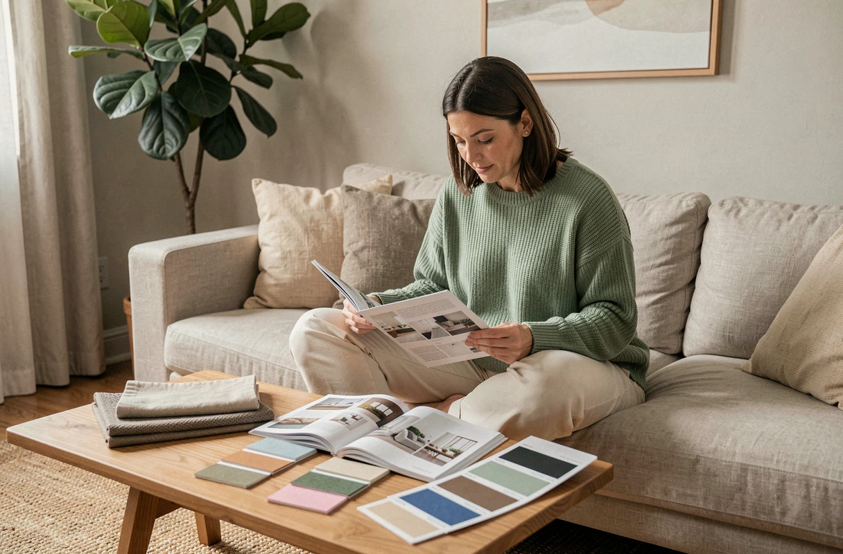 Femme parcourant un magazine de décoration entourée d'échantillons de tissu et de nuanciers sur une table basse en bois dans un salon minimaliste, inspiration aménagement intérieur