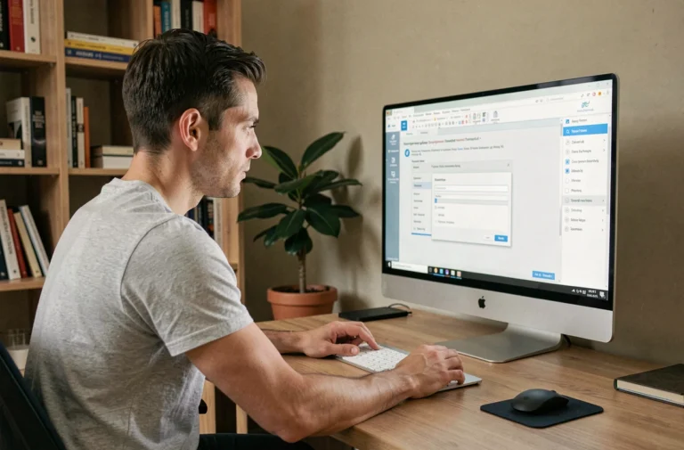 Homme installant un logiciel sur son ordinateur de bureau dans un bureau à domicile organisé