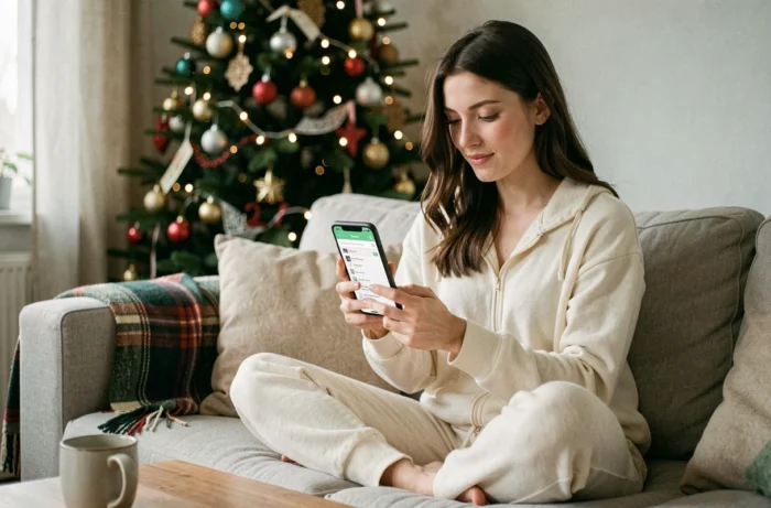 Jeune femme naviguant sur le plan d'un blog festif depuis son smartphone confortablement installée dans son salon