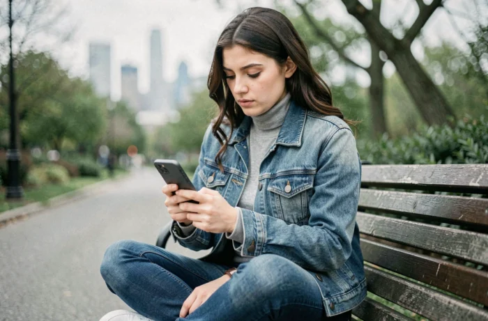 Jeune femme recherchant des offres d'emploi sur smartphone dans un parc urbain