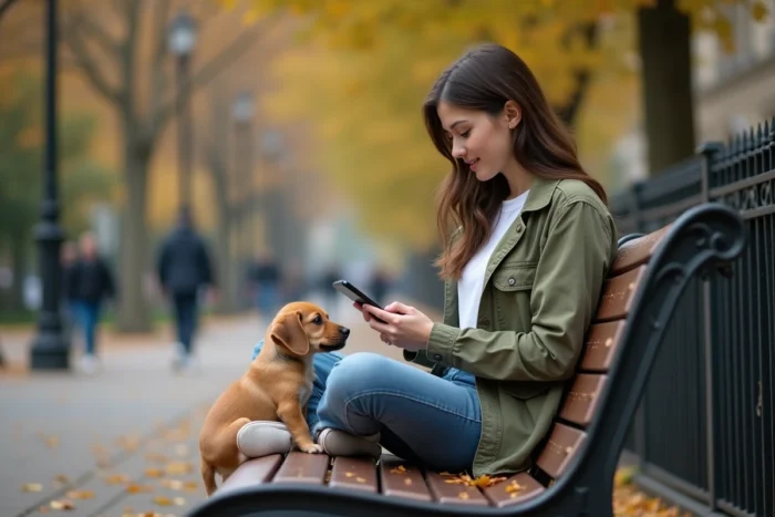 Jeune femme utilisant son smartphone pour explorer un site de services pour animaux dans un parc