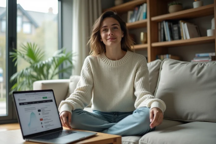 Jeune femme explorant les tendances web de 2024 sur son ordinateur portable dans un salon moderne et cosy