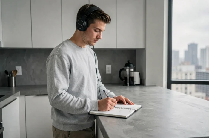 Jeune homme écoutant un podcast de développement personnel et écrivant dans un agenda structuré dans une cuisine moderne