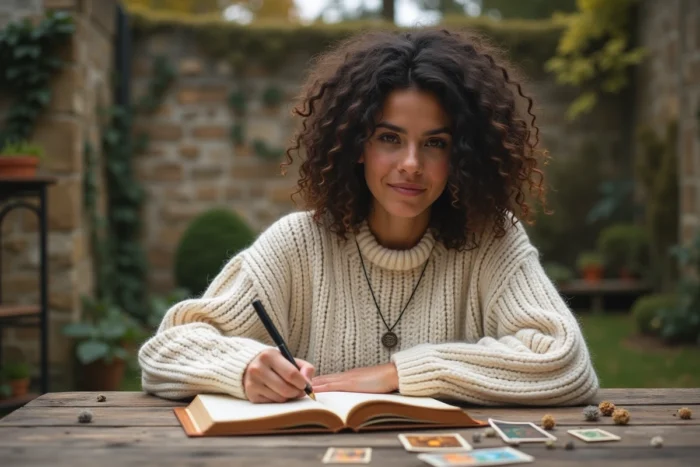 Jeune femme écrivant dans un journal spirituel entouré de cartes de tarot et de fleurs séchées sur une terrasse en pierre