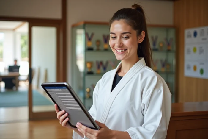 Judokate en judogi consultant le portail extranet judo sur une tablette à l'accueil d'un dojo