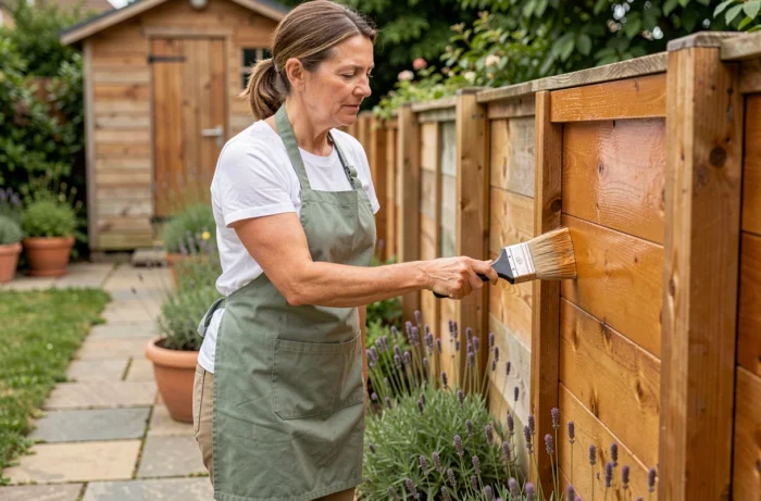 Femme appliquant une lasure protectrice sur une clôture en bois dans un jardin résidentiel