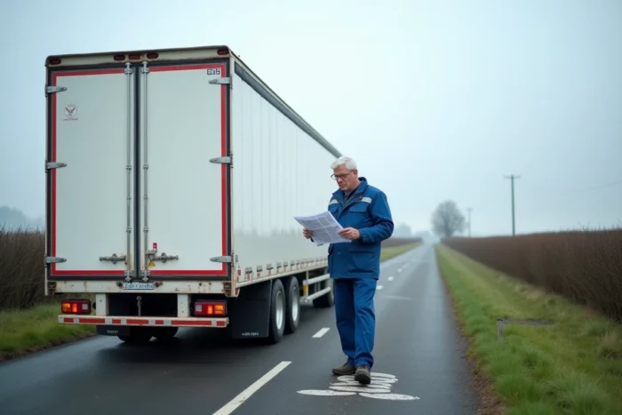 Remorque de transport routier garée sur une route française avec un conducteur consultant la réglementation sur la longueur maximale autorisée