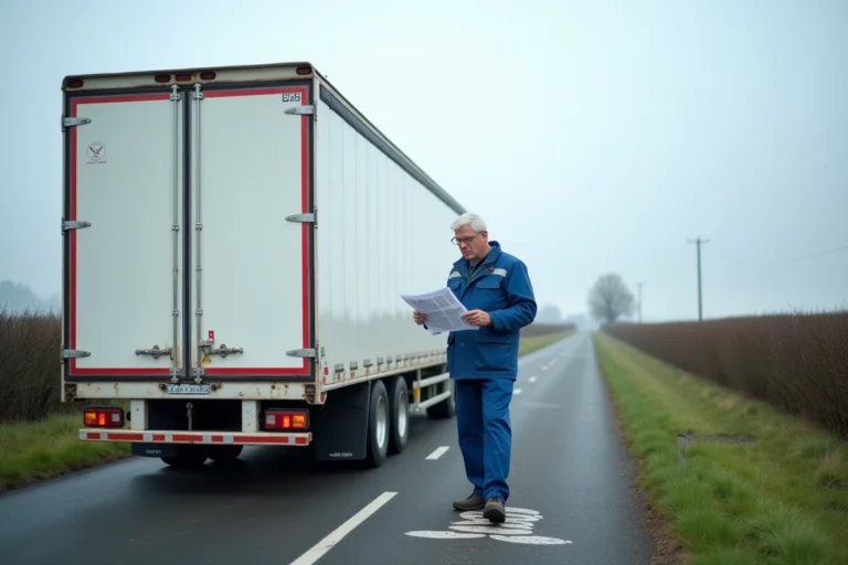 Remorque de transport routier garée sur une route française avec un conducteur consultant la réglementation sur la longueur maximale autorisée