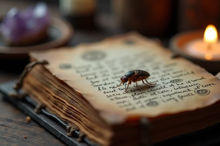 Macro d'une puce sur un journal ésotérique avec symboles spirituels, cristal d'améthyste et bougie