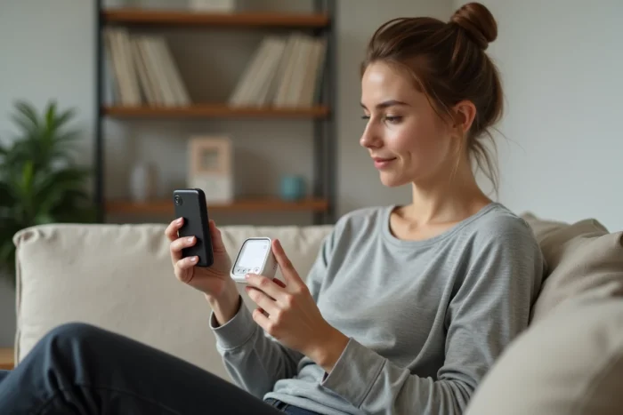 Maman utilisant un babyphone vidéo dans son salon pour surveiller son bébé à distance