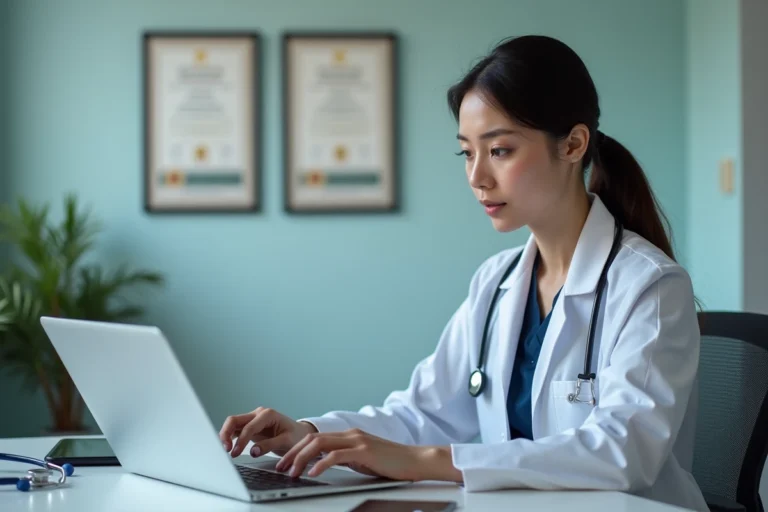 Médecin femme consultant un portail numérique pour professionnels de santé sur un ordinateur portable dans un bureau hospitalier moderne