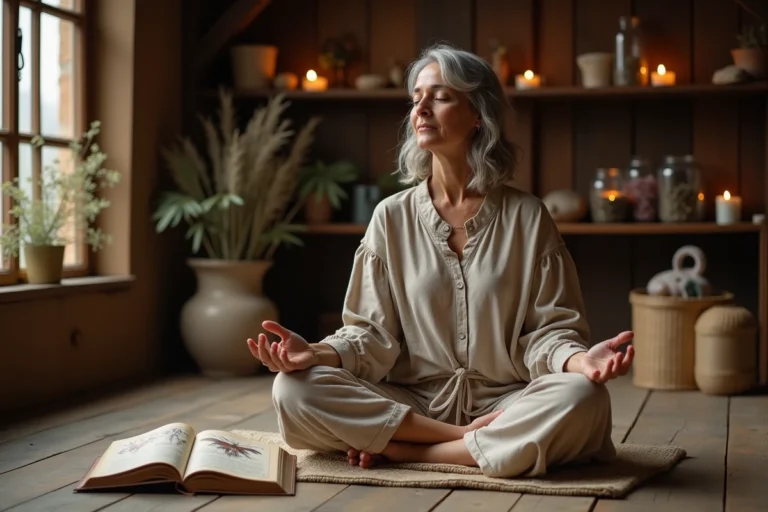 Femme méditant entourée de bougies et d'un livre ancien illustré d'insectes, ambiance spirituelle et symbolique