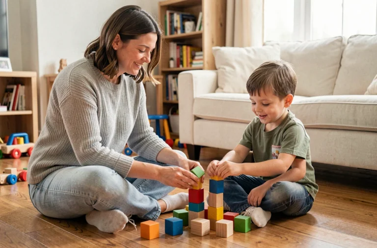Mère accompagnant son enfant dans un jeu éducatif sur le sol du salon, illustrant l'importance du soutien parental au quotidien