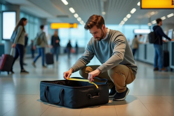 Homme mesurant les dimensions d'un bagage cabine avec un mètre ruban dans un aéroport