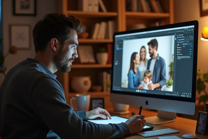 Père en train de monter et d'éditer un diaporama d'anniversaire pour son enfant sur un ordinateur de bureau à domicile