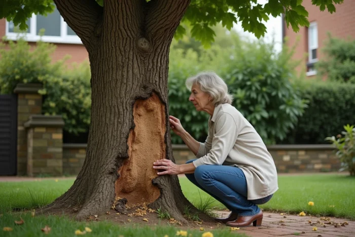 Mûrier platane endommagé par des insectes xylotrechus avec sciure au pied de l'arbre dans un jardin
