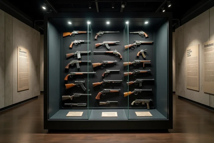 Vitrine de musée du cinéma présentant des répliques d'armes emblématiques de films d'action sous verre avec étiquettes explicatives