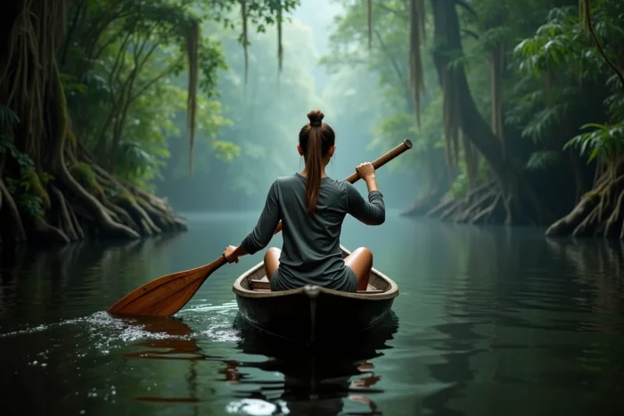Une voyageuse pagaie dans un canoë traditionnel en bois sur un fleuve entouré de jungle dense