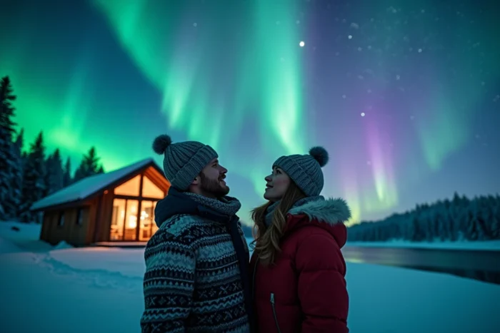 Un couple observe des aurores boréales spectaculaires depuis l'extérieur d'un chalet vitré en Norvège arctique enneigée