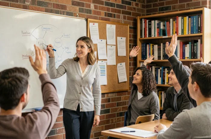 Une enseignante active les prérequis des étudiants en les invitant à partager leurs connaissances autour d'une carte mentale au tableau