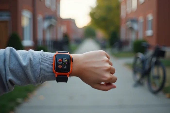 Bracelet GPS PAJ Smartwatch Finder 4G porté au poignet d'un enfant, avec écran digital visible affichant des icônes de localisation