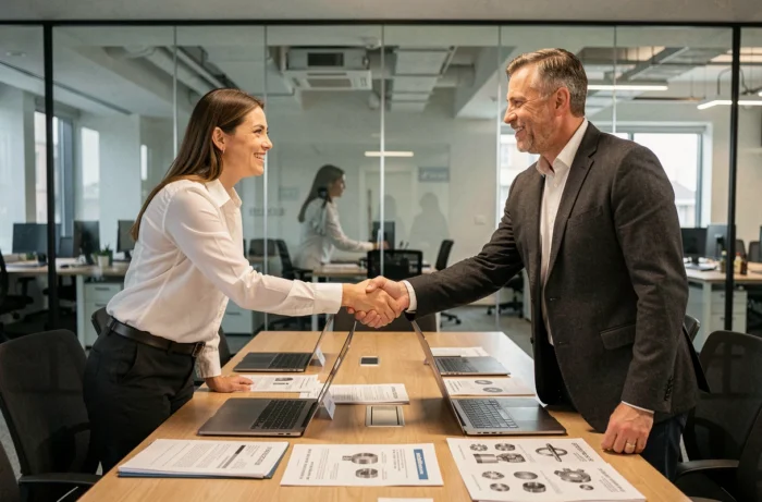 Deux professionnels signant un partenariat industriel autour de documents techniques dans une salle de réunion moderne