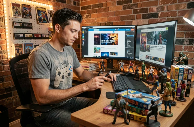 Passionné de culture geek naviguant sur des ressources web autour d'une collection de figurines et de mangas dans un bureau personnel