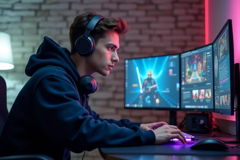 Jeune homme passionné de gaming assis devant un bureau tech avec plusieurs écrans et périphériques RGB dans un setup home office moderne