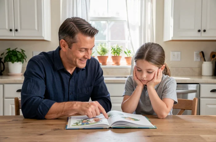 Père lisant un livre illustré avec sa fille à la table de cuisine, symbolisant l'accompagnement parental dans l'apprentissage scolaire