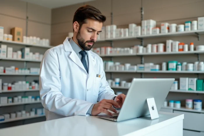 Pharmacien consultant un portail digital de ressources pour professionnels de santé sur une tablette derrière le comptoir d'une pharmacie moderne