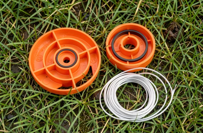 Composants démontés de la bobine du coupe-bordure Bosch AdvancedGrassCut 36 posés sur la pelouse