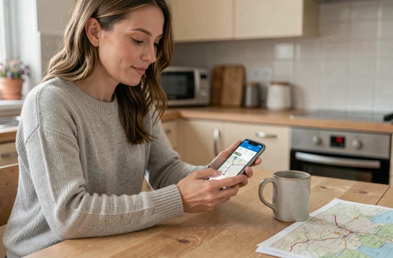 Femme planifiant un itinéraire routier sur l'application ViaMichelin depuis son smartphone à la maison