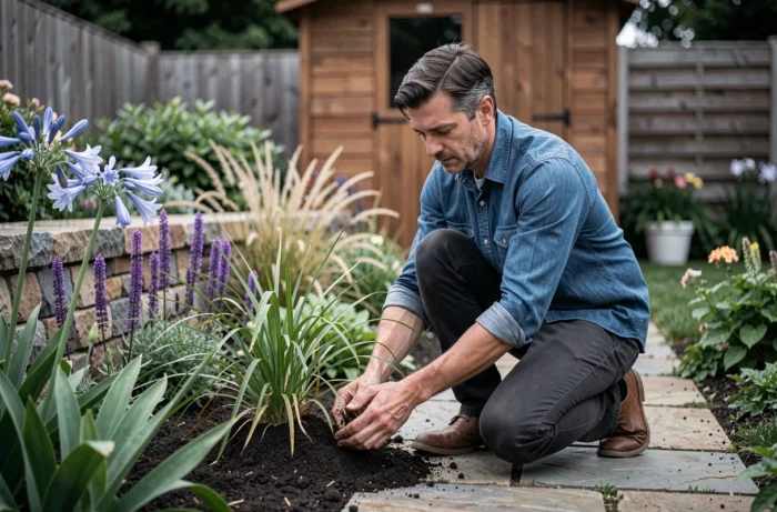 Homme plantant des végétaux ornementaux le long d'une allée de jardin avec un massif bien structuré