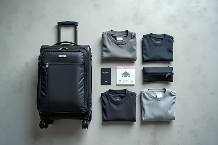 Bagage cabine ouvert et préparé avec vêtements et accessoires de voyage sur fond gris, vue de dessus