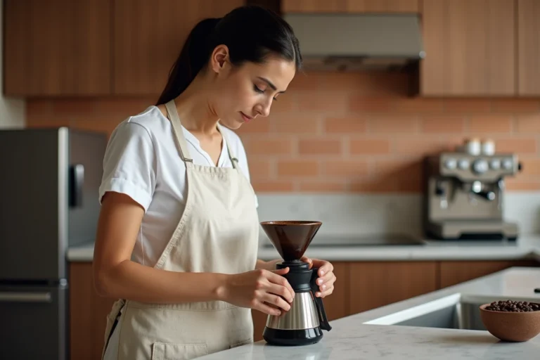 Femme préparant un espresso maison en tassant le café moulu dans un porte-filtre sur un plan de travail en marbre