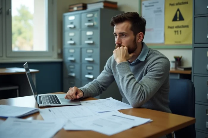 Professeur masculin examinant des fiches de salaire et documents officiels sur un bureau scolaire, en lien avec la réforme de la rémunération des enseignants