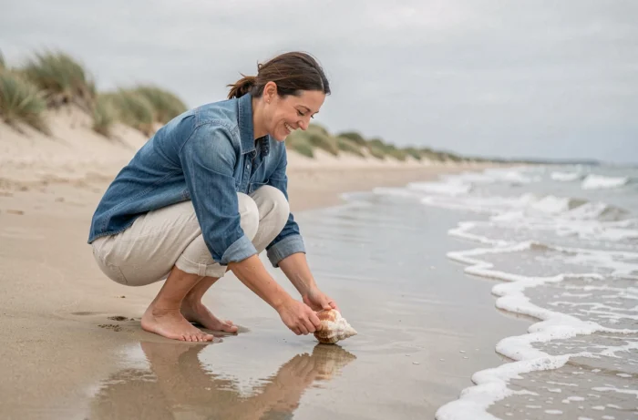 Femme ramassant des coquillages sur une plage de sable mouillé dans les Landes, dunes et vagues en arrière-plan