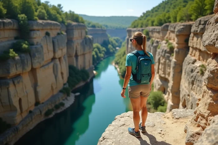 Une randonneuse observe les gorges de l'Ardèche depuis un promontoire calcaire surplombant la rivière émeraude