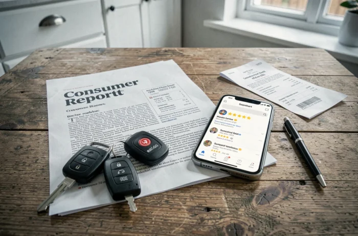Rapport de consommateurs et avis clients sur smartphone illustrant l'enquête UFC Que Choisir sur Aramis Auto