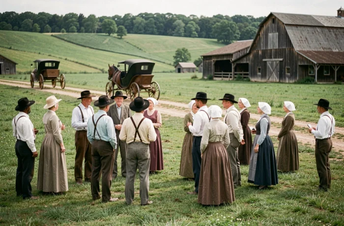 Rassemblement communautaire Amish en plein air avec buggy à cheval et granges traditionnelles