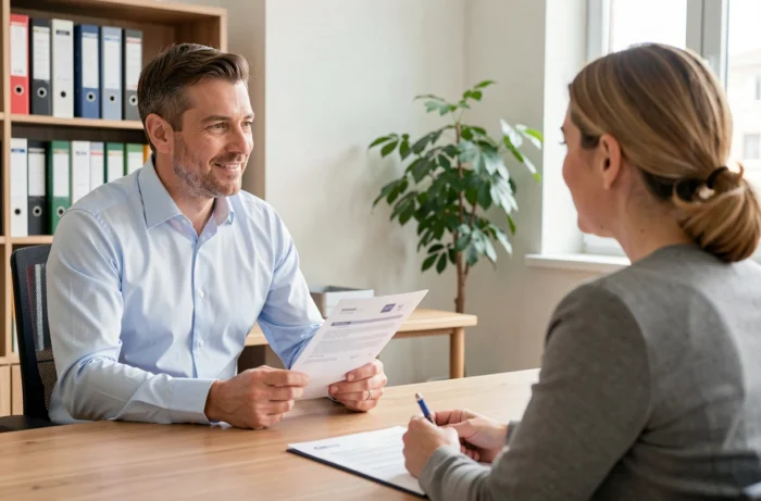Homme en reconversion professionnelle lors d'un entretien de conseil emploi avec un conseiller en orientation après une liquidation judiciaire