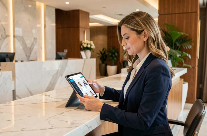 Recruteuse hôtelière utilisant une tablette avec un logiciel de recrutement alimenté par intelligence artificielle dans un lobby d'hôtel moderne