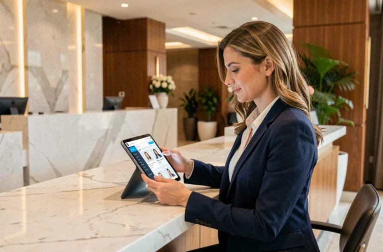 Recruteuse hôtelière utilisant une tablette avec un logiciel de recrutement alimenté par intelligence artificielle dans un lobby d'hôtel moderne