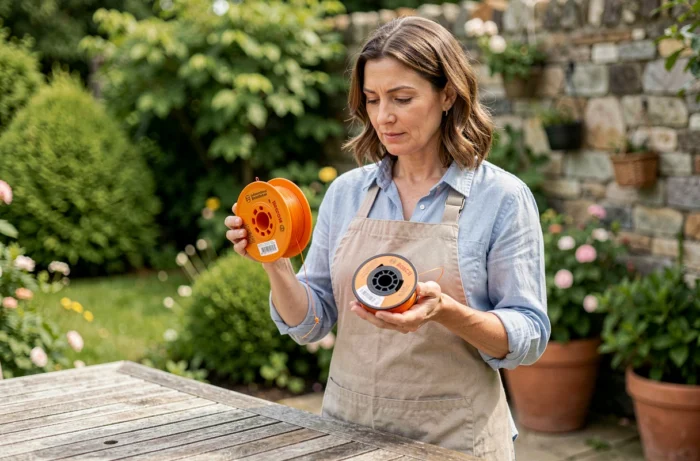 Femme comparant l'ancienne et la nouvelle bobine du Bosch AdvancedGrassCut 36 dans le jardin