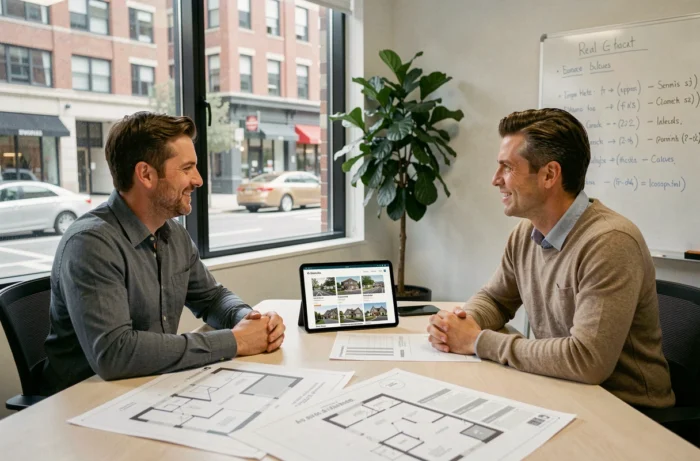 Couple en rendez-vous avec un conseiller immobilier pour un projet d'achat