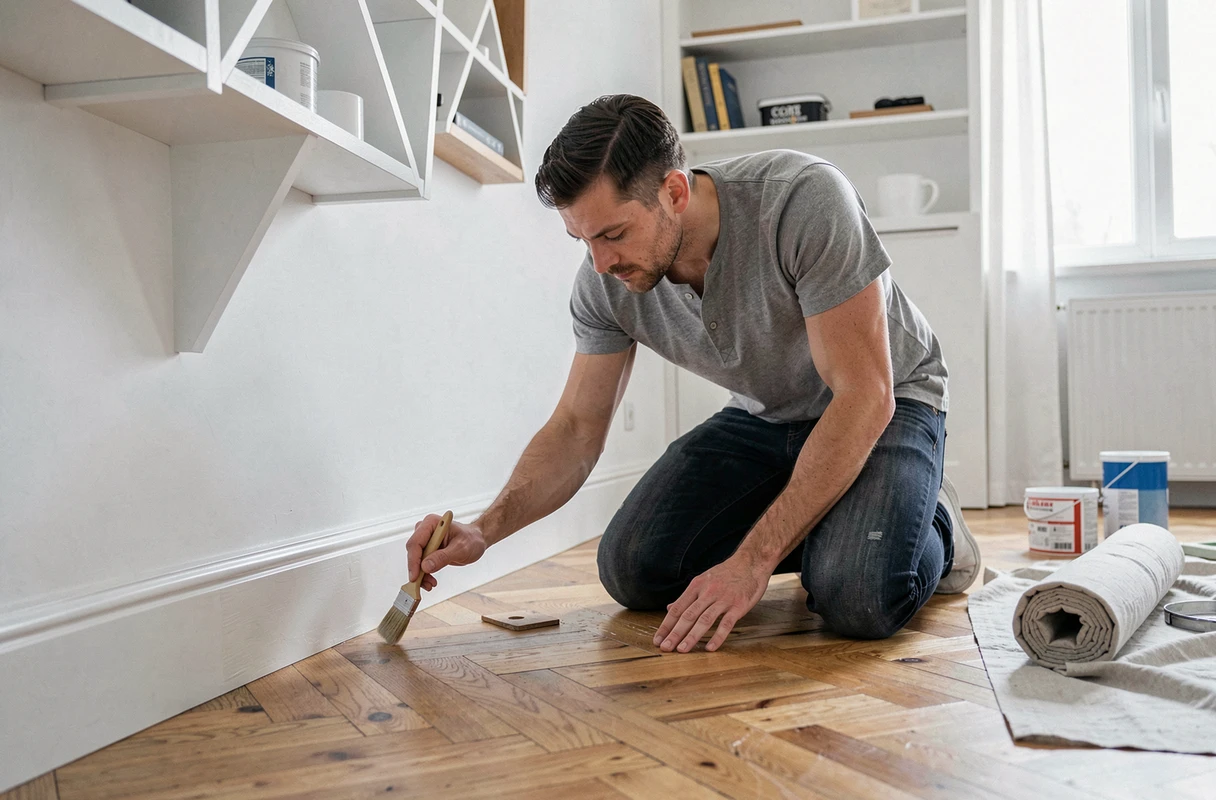 Homme appliquant de la peinture blanche sur une plinthe dans un salon en rénovation avec parquet en chevrons, bricolage et amélioration de l'habitat