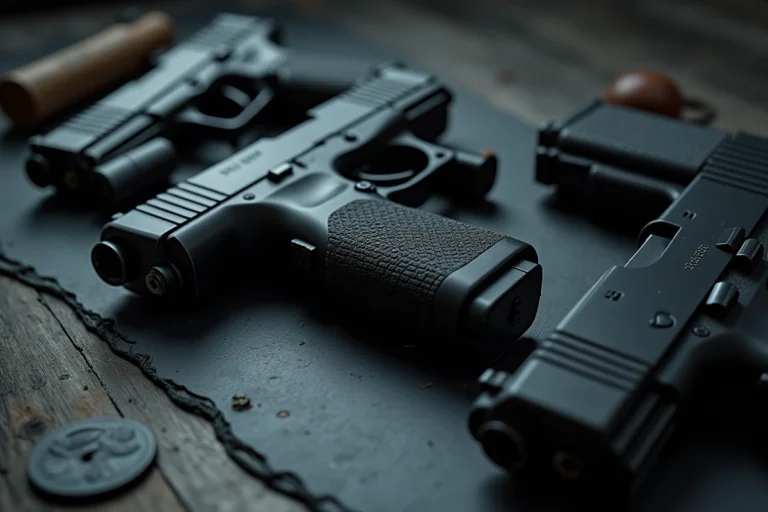Collection de répliques d'armes emblématiques issues des films John Wick, disposées sur une surface en ardoise sombre avec textures métalliques détaillées