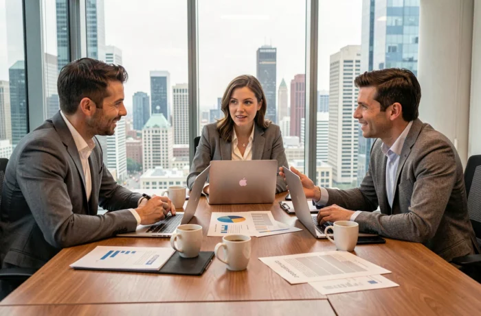 Équipe de professionnels en réunion stratégique autour d'une table de conférence avec vue sur la ville
