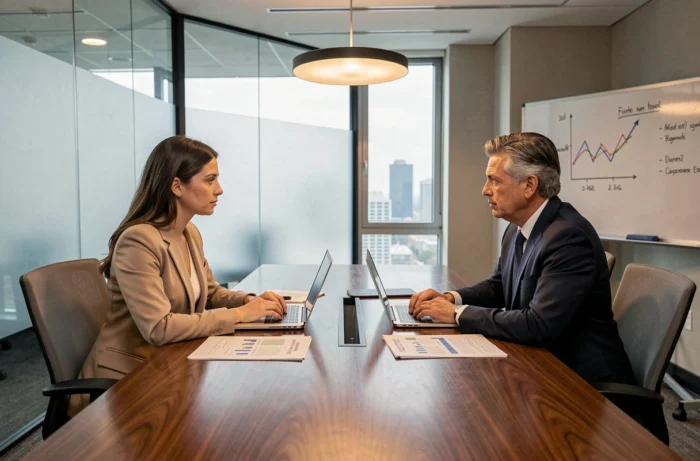Deux professionnels de la finance discutant des dernières tendances économiques autour d'une table de réunion en bois avec rapports financiers et ordinateurs portables