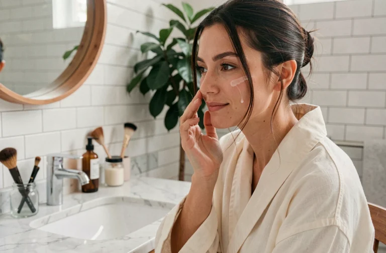 Femme appliquant un sérum de soin sur son visage devant un miroir de salle de bain moderne, routine beauté quotidienne